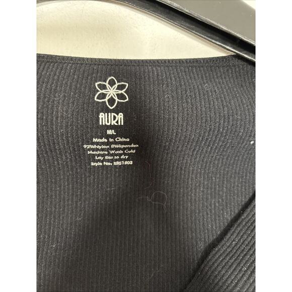 Aura Ribbed Knit Bodysuit Size M/L Black Twist Front V Neck Long Sleeve Layering - Picture 4 of 6